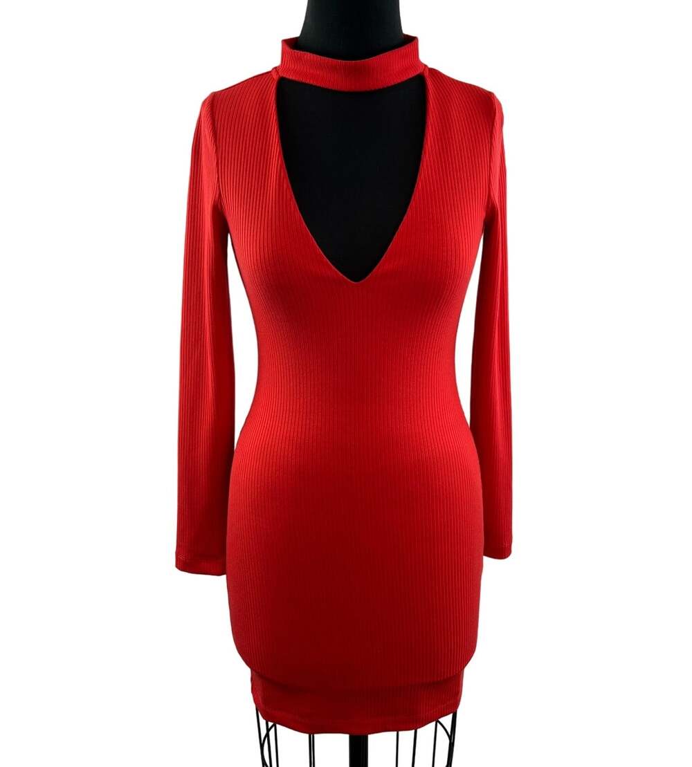 Urban Outfitters Long Sleeve Bodycon Choker Dress Red Ribbed Stretch Size S NEW
